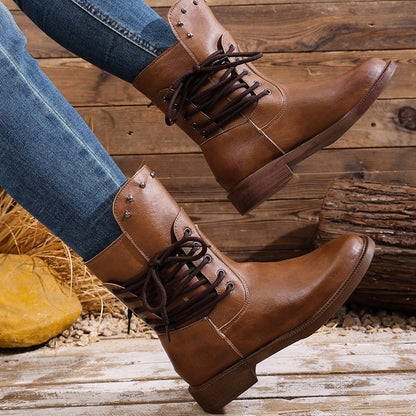 Fiorelle Women's Rivet Roma Boots - Side Lace Chunky Heel Mid Calf Boots (US 4-10.5)