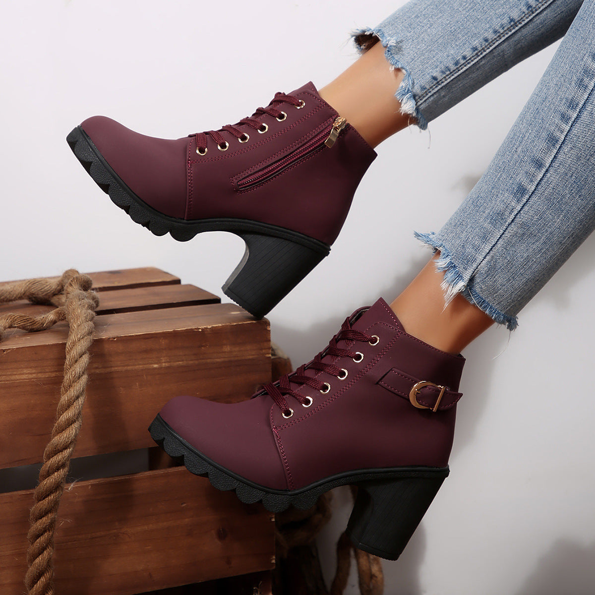 Fiorelle Women's Buckle Decorated Chunky Heel Ankle Boots - Side Zipper & Lace-Up Round Toe Mid-Calf Equestrian Boots (US 4-10)
