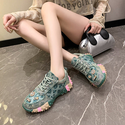Fiorelle Women’s Lumira Embroidered Letter Mesh Platform Sneakers – Rhinestone Detail Chunky Sole Light Luxury Fashion Sneakers (US 4–10.5)