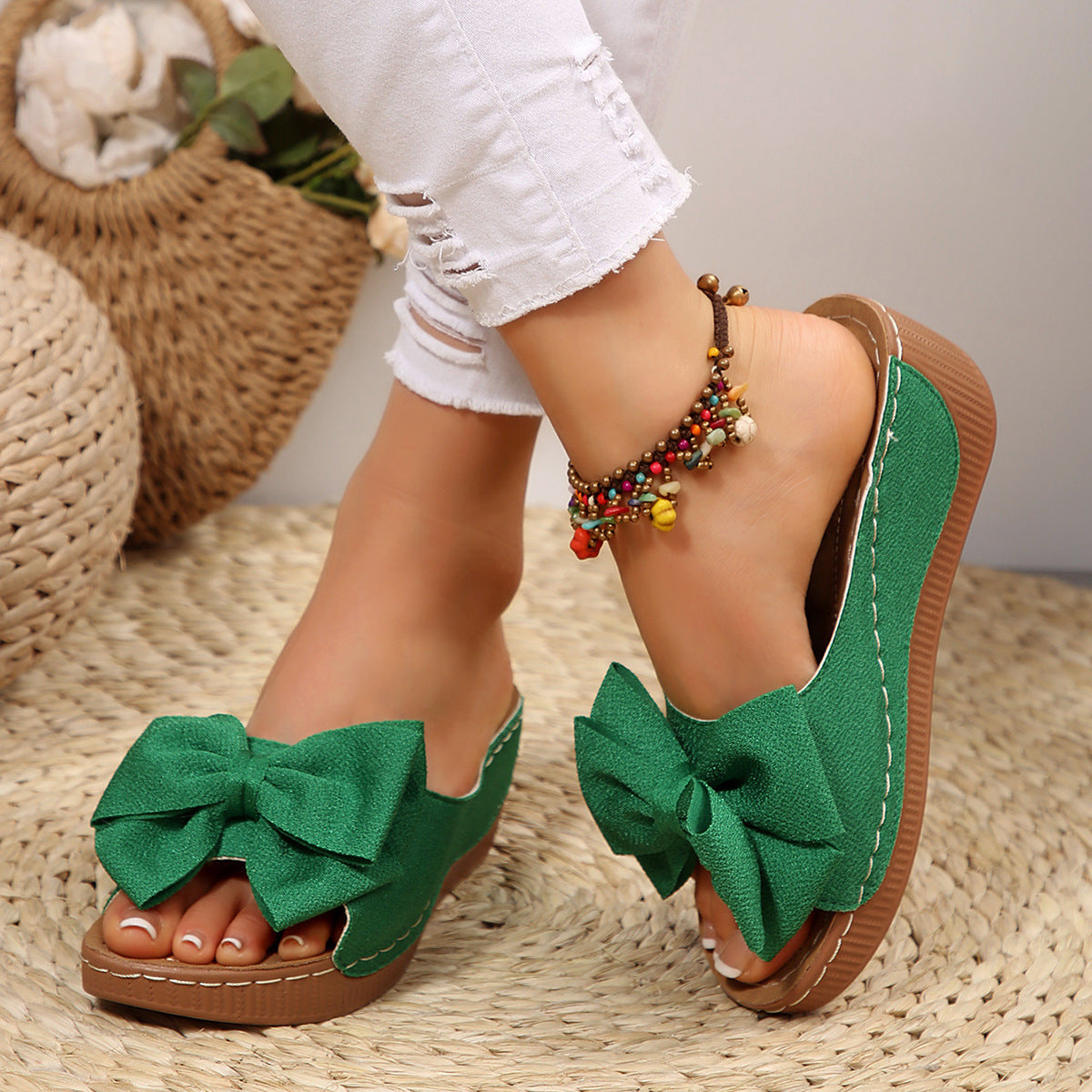 Fiorelle Women’s Liora Bow Flower Platform Wedge Slide Sandals – Peep-Toe Wide Strap Summer Slides (US 5–10.5)