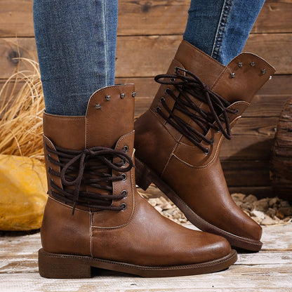 Fiorelle Women's Rivet Roma Boots - Side Lace Chunky Heel Mid Calf Boots (US 4-10.5)