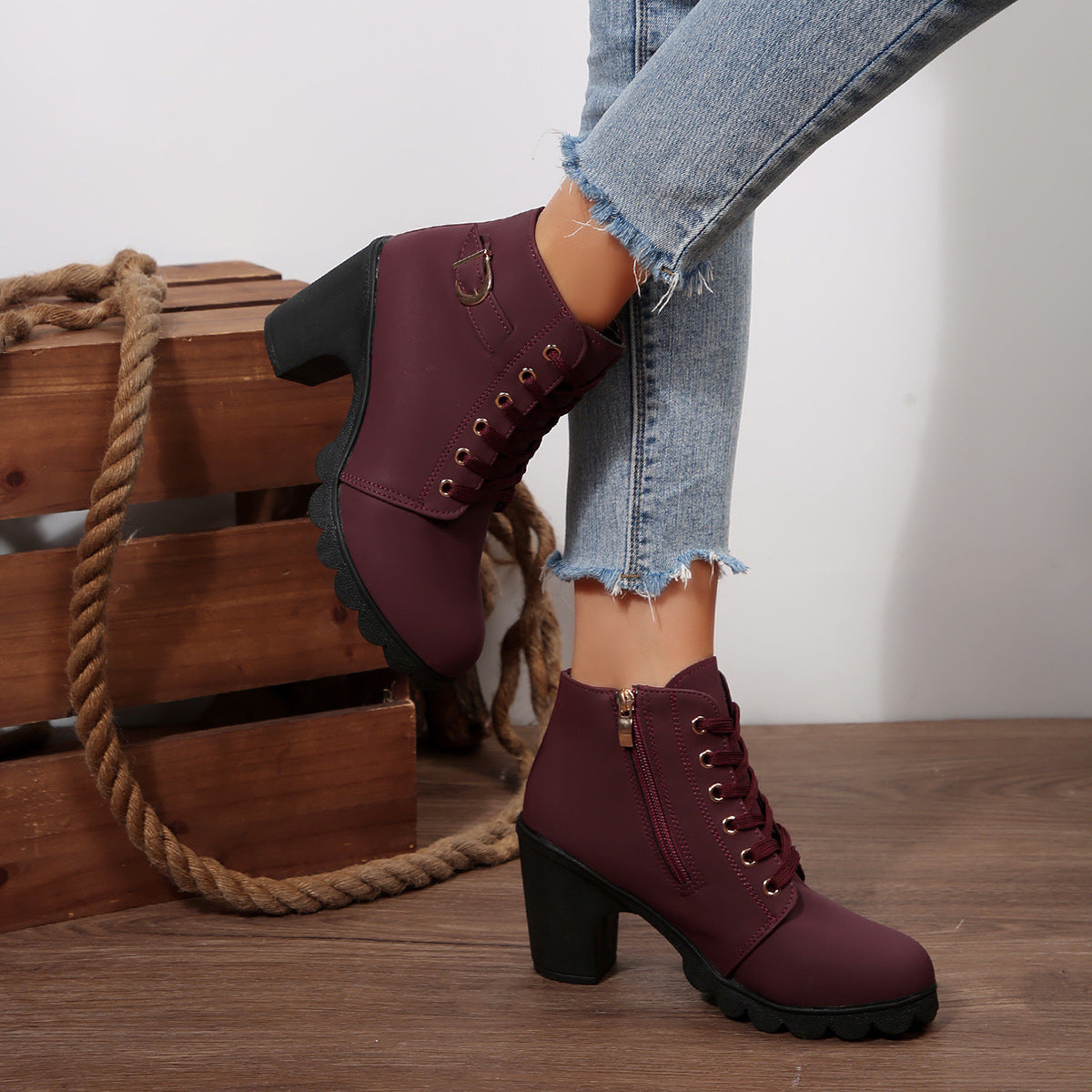 Fiorelle Women's Buckle Decorated Chunky Heel Ankle Boots - Side Zipper & Lace-Up Round Toe Mid-Calf Equestrian Boots (US 4-10)