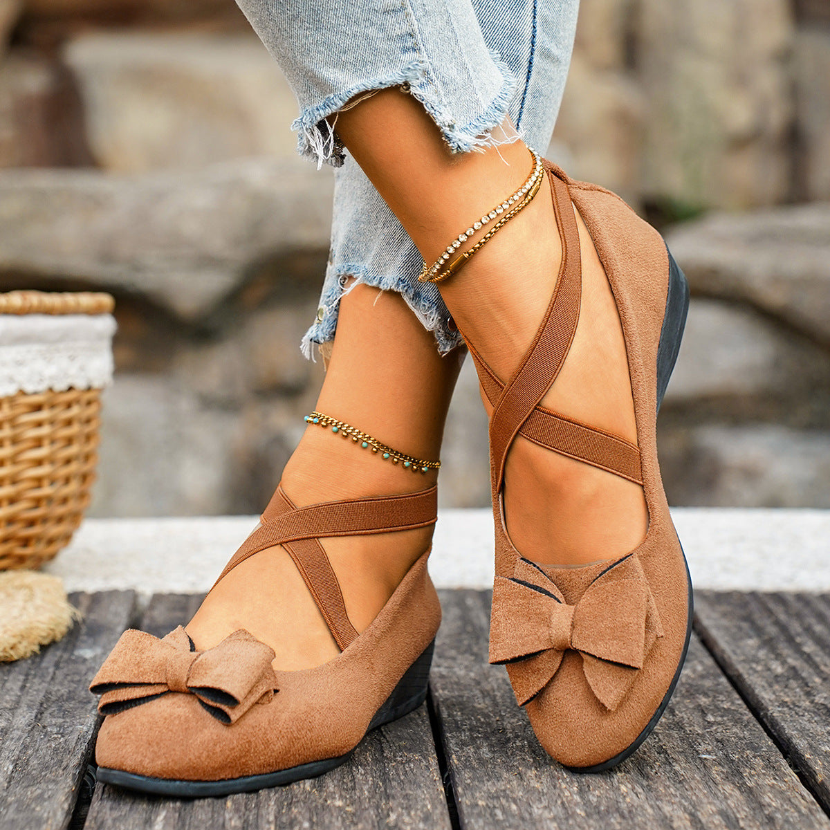 Fiorelle Women’s Elara Bow Suede Wedge Loafers – Elastic Cross-Strap Comfort Slip-Ons (US 5–10.5)