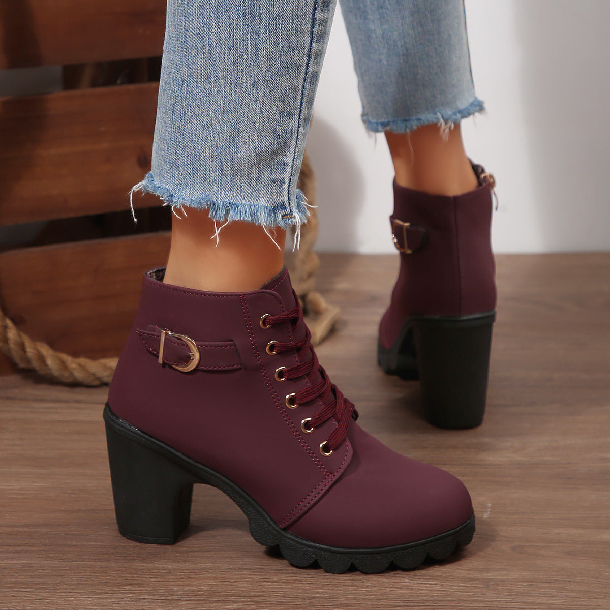 Fiorelle Women's Buckle Decorated Chunky Heel Ankle Boots - Side Zipper & Lace-Up Round Toe Mid-Calf Equestrian Boots (US 4-10)