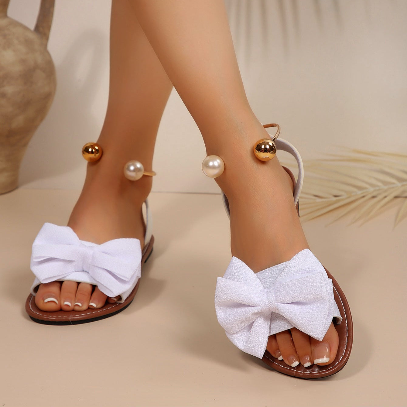 Fiorelle Women’s Serelle Pearl Bow Flat Slides – Minimalist Ankle Strap Casual Sandals (US 5–10.5)