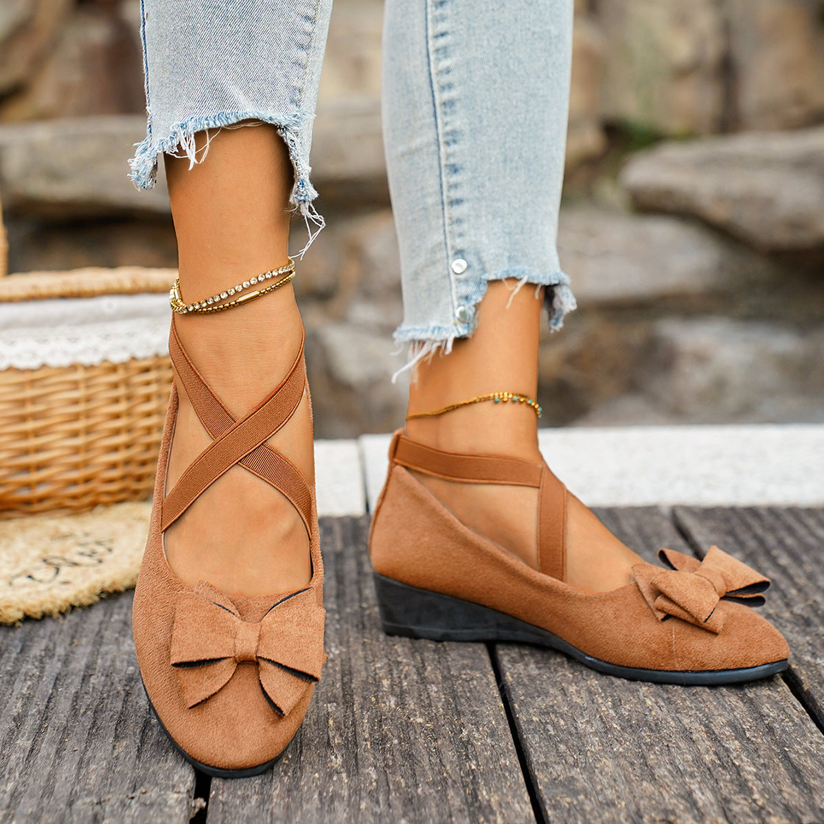 Fiorelle Women’s Elara Bow Suede Wedge Loafers – Elastic Cross-Strap Comfort Slip-Ons (US 5–10.5)