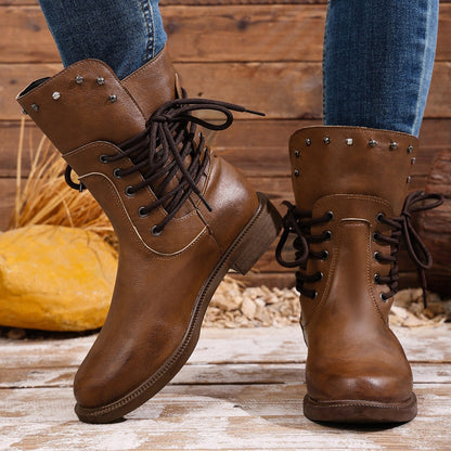 Fiorelle Women's Rivet Roma Boots - Side Lace Chunky Heel Mid Calf Boots (US 4-10.5)