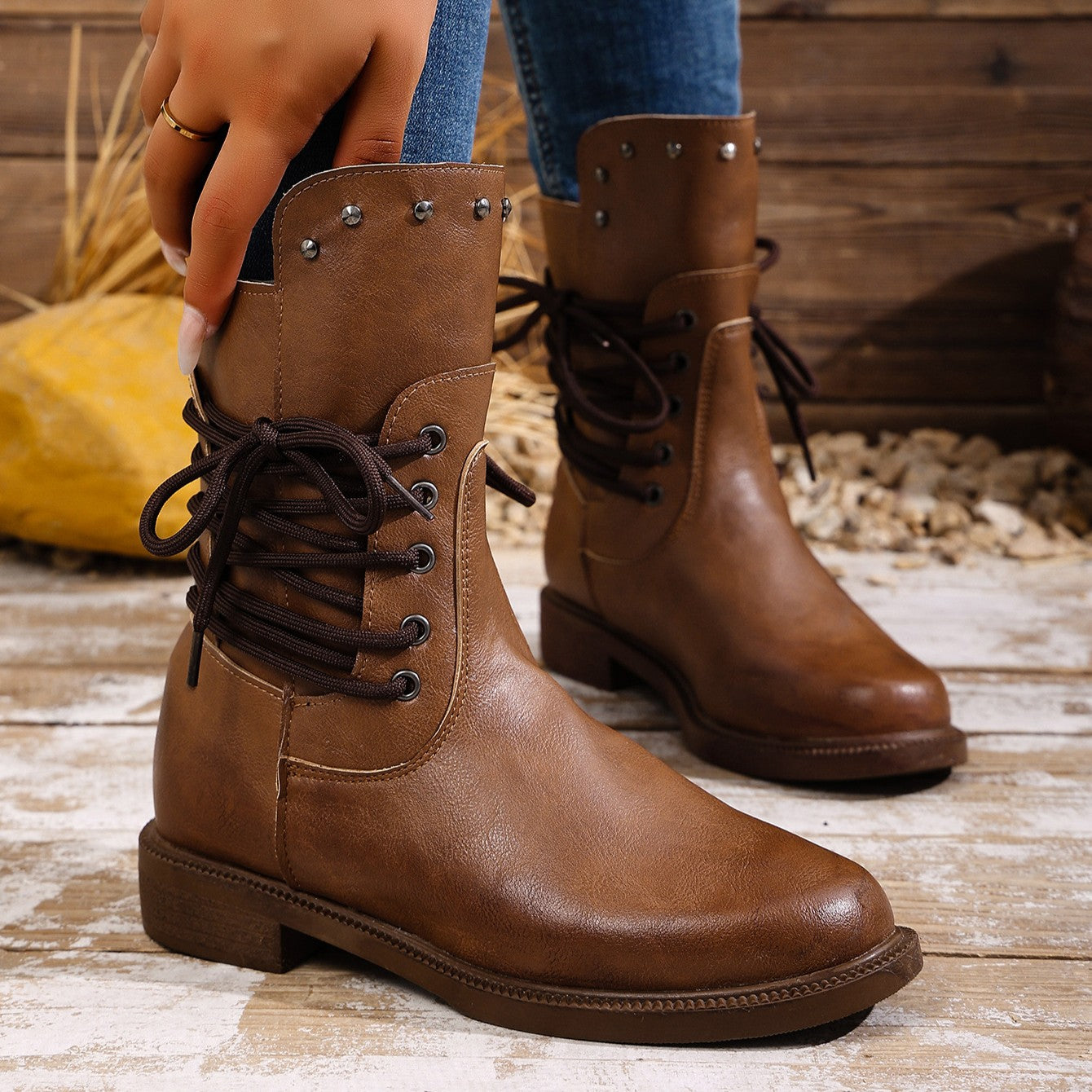 Fiorelle Women's Rivet Roma Boots - Side Lace Chunky Heel Mid Calf Boots (US 4-10.5)