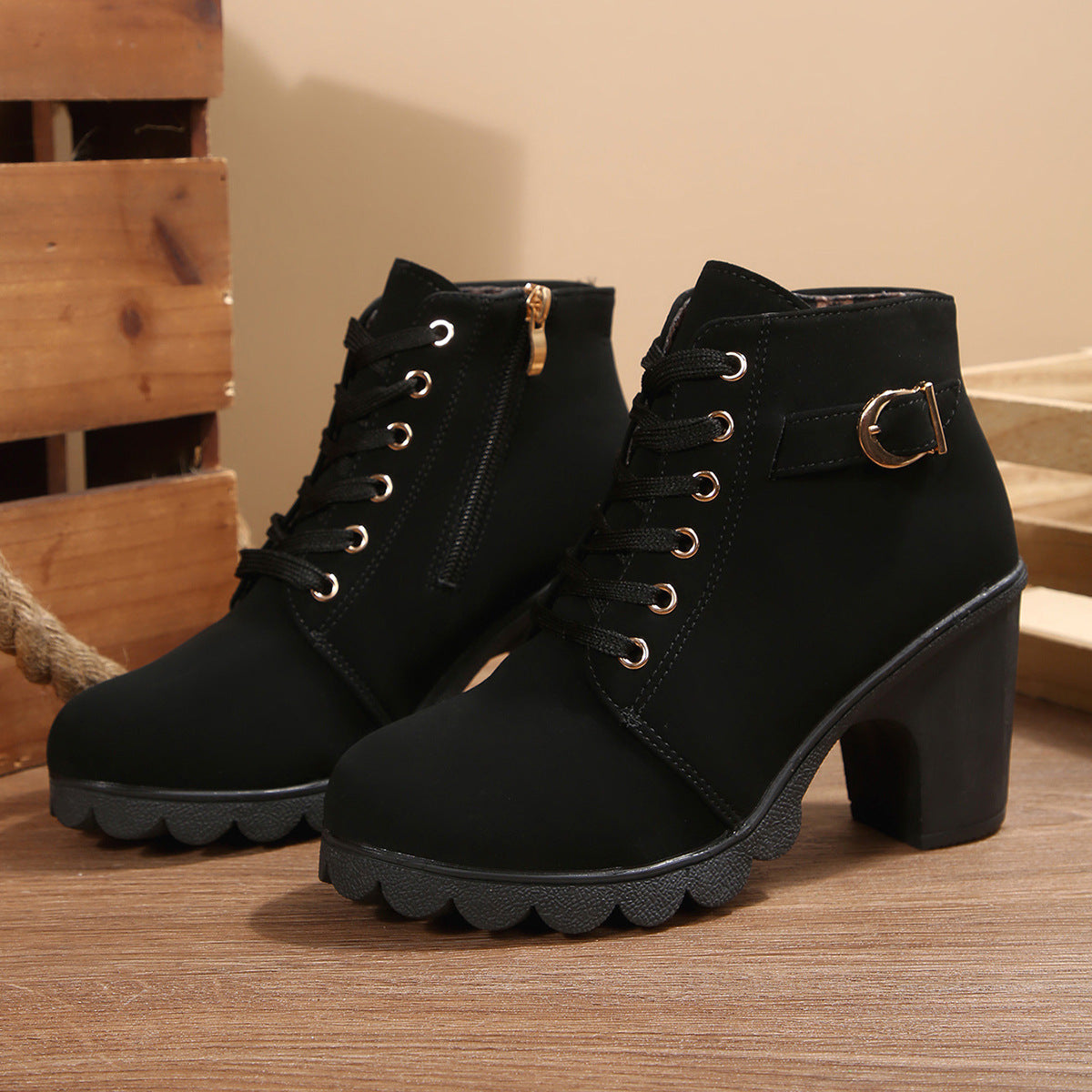 Fiorelle Women's Buckle Decorated Chunky Heel Ankle Boots - Side Zipper & Lace-Up Round Toe Mid-Calf Equestrian Boots (US 4-10)