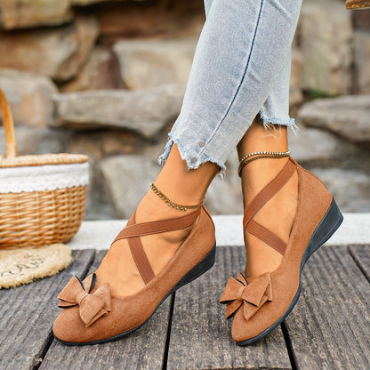 Fiorelle Women’s Elara Bow Suede Wedge Loafers – Elastic Cross-Strap Comfort Slip-Ons (US 5–10.5)