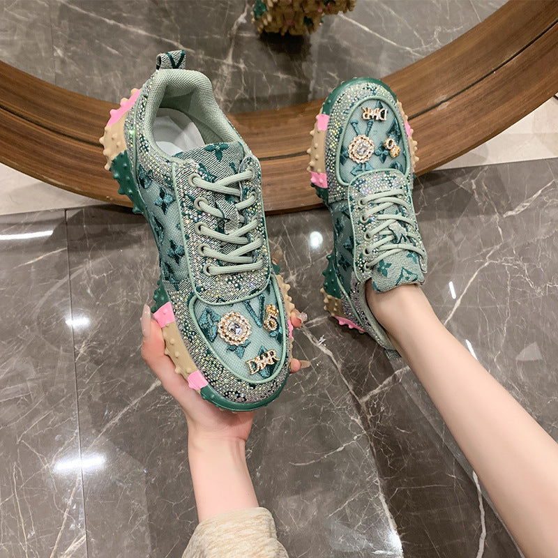 Fiorelle Women’s Lumira Embroidered Letter Mesh Platform Sneakers – Rhinestone Detail Chunky Sole Light Luxury Fashion Sneakers (US 4–10.5)