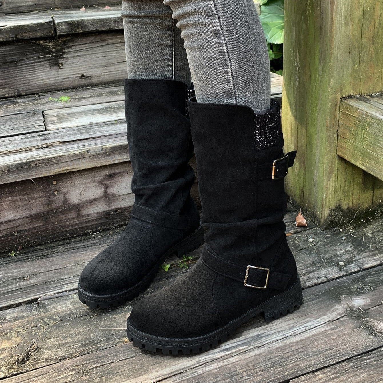 Fiorelle Women’s RanchWrap Buckle Mid-Calf Suede Boots – Knit Cuff Western-Style Slouchy Shoes (US 5–10.5)