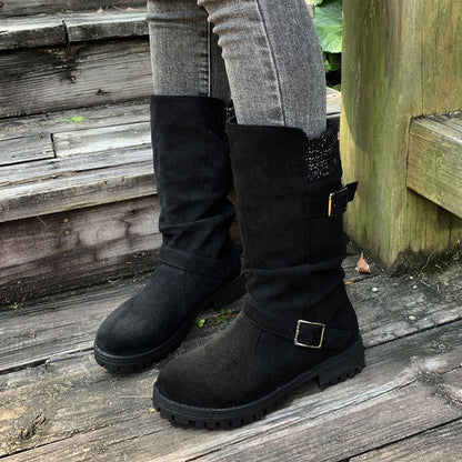 Fiorelle Women’s RanchWrap Buckle Mid-Calf Suede Boots – Knit Cuff Western-Style Slouchy Shoes (US 5–10.5)