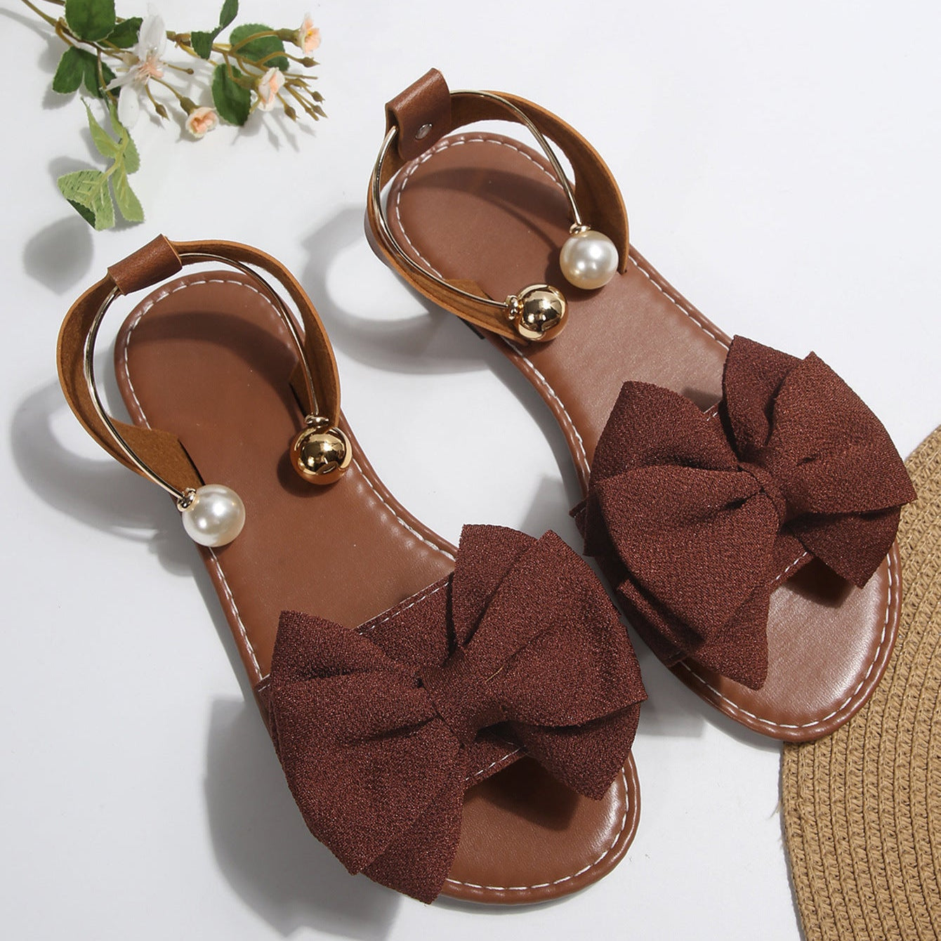 Fiorelle Women’s Serelle Pearl Bow Flat Slides – Minimalist Ankle Strap Casual Sandals (US 5–10.5)