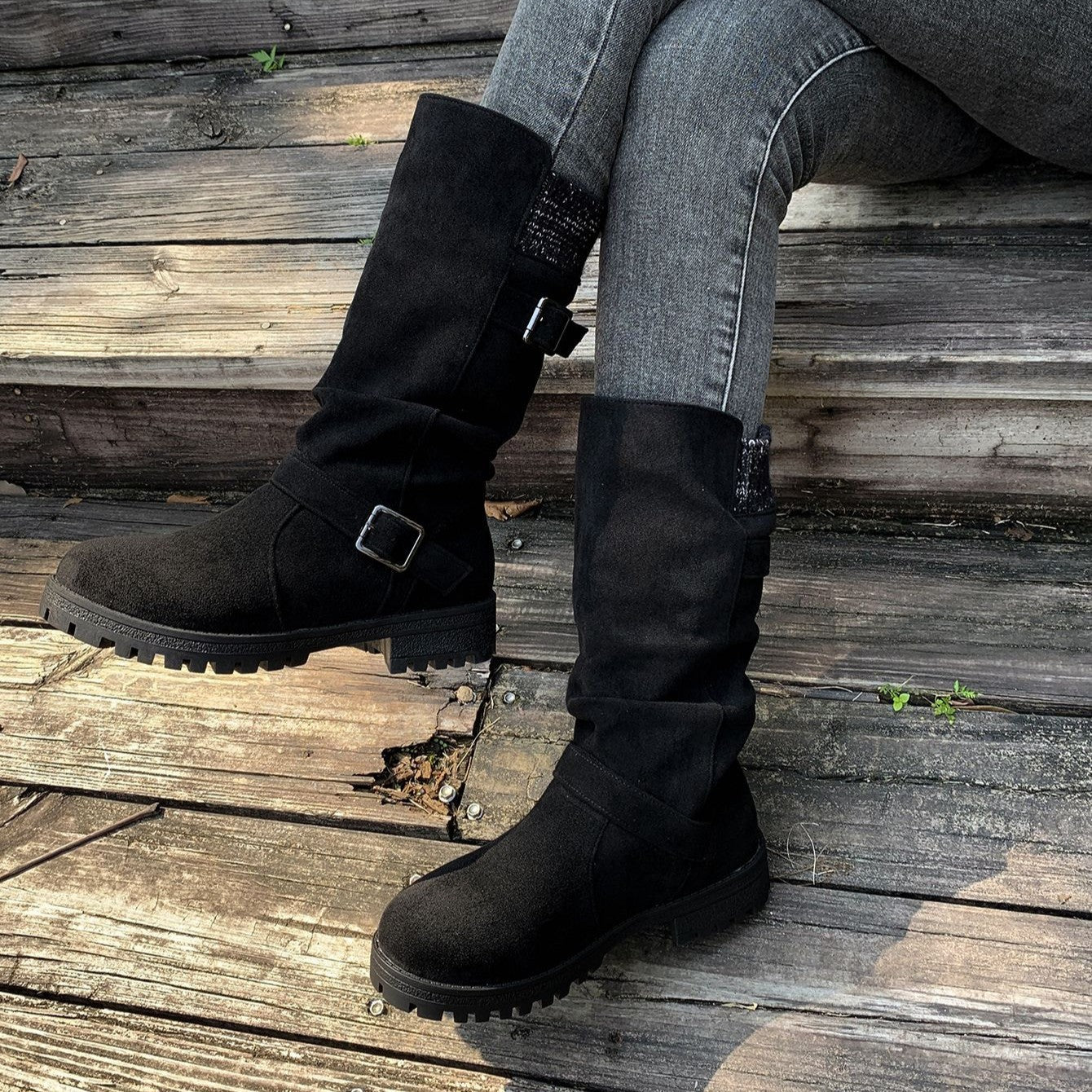 Fiorelle Women’s RanchWrap Buckle Mid-Calf Suede Boots – Knit Cuff Western-Style Slouchy Shoes (US 5–10.5)