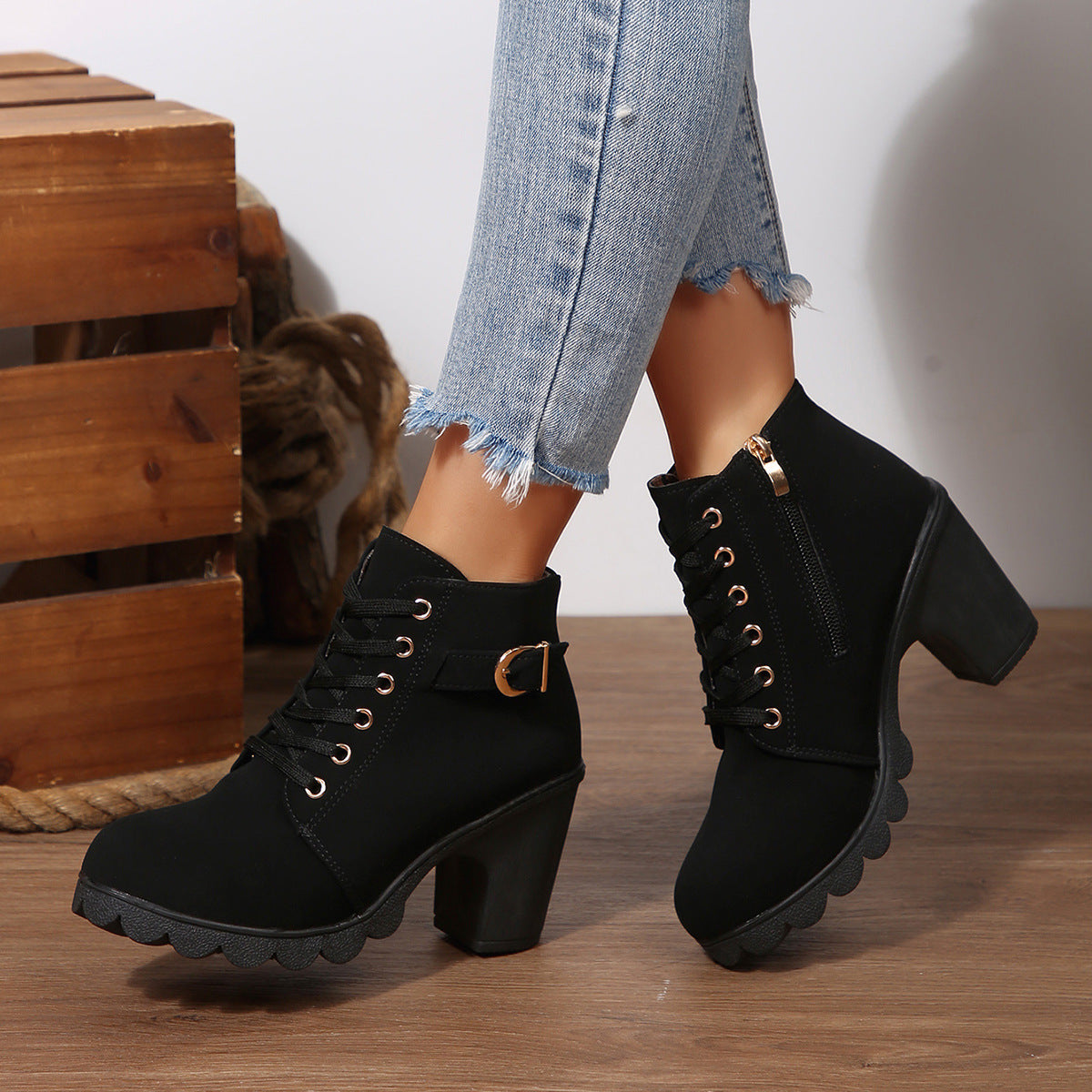 Fiorelle Women's Buckle Decorated Chunky Heel Ankle Boots - Side Zipper & Lace-Up Round Toe Mid-Calf Equestrian Boots (US 4-10)