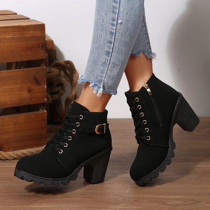 Fiorelle Women's Buckle Decorated Chunky Heel Ankle Boots - Side Zipper & Lace-Up Round Toe Mid-Calf Equestrian Boots (US 4-10)