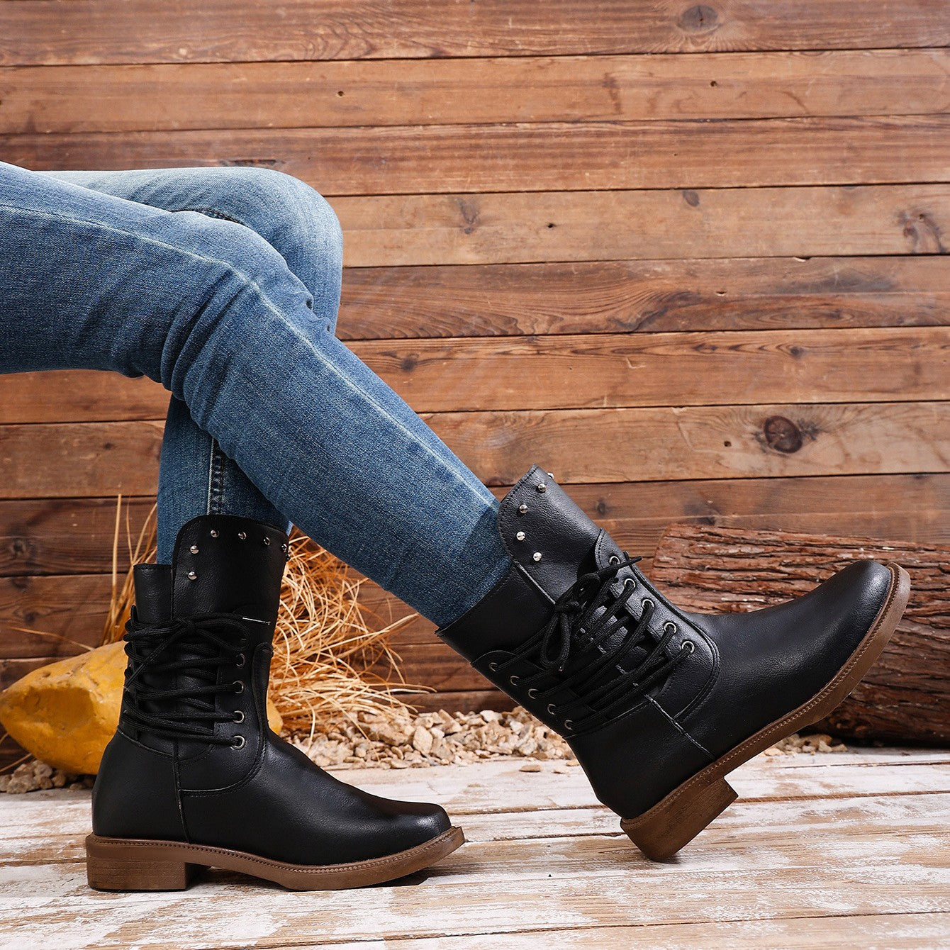 Fiorelle Women's Rivet Roma Boots - Side Lace Chunky Heel Mid Calf Boots (US 4-10.5)