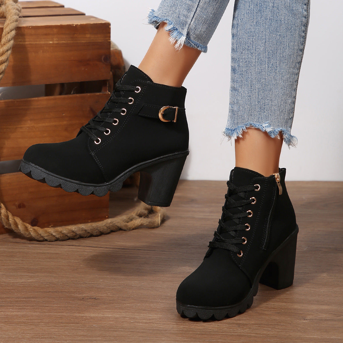 Fiorelle Women's Buckle Decorated Chunky Heel Ankle Boots - Side Zipper & Lace-Up Round Toe Mid-Calf Equestrian Boots (US 4-10)
