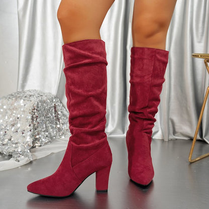 Fiorelle Women’s Suede ChunkyEdge Knee-High Boots – Pointed Toe Chunky Heel Tall Boots (US 4–10.5)