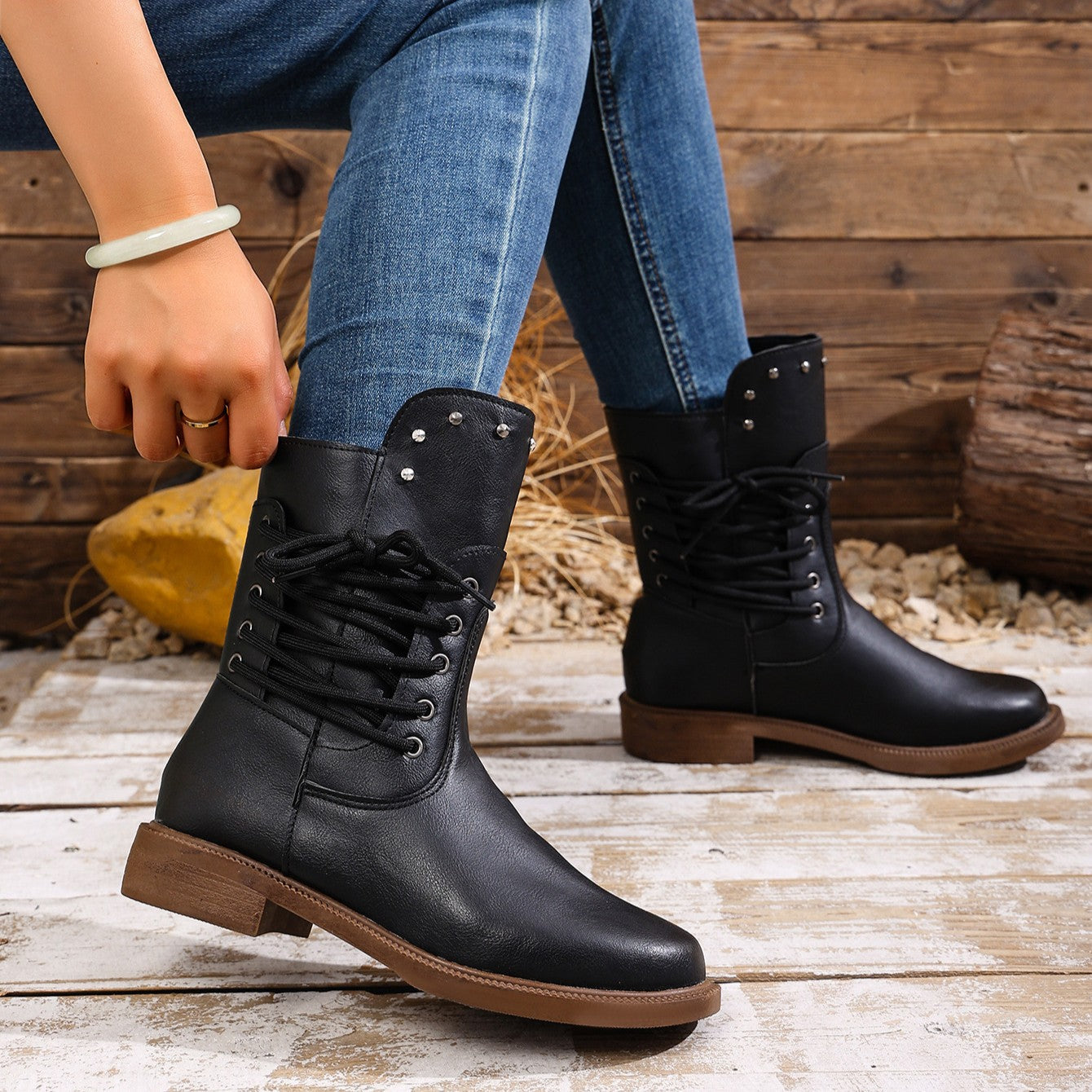 Fiorelle Women's Rivet Roma Boots - Side Lace Chunky Heel Mid Calf Boots (US 4-10.5)