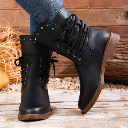 Fiorelle Women's Rivet Roma Boots - Side Lace Chunky Heel Mid Calf Boots (US 4-10.5)