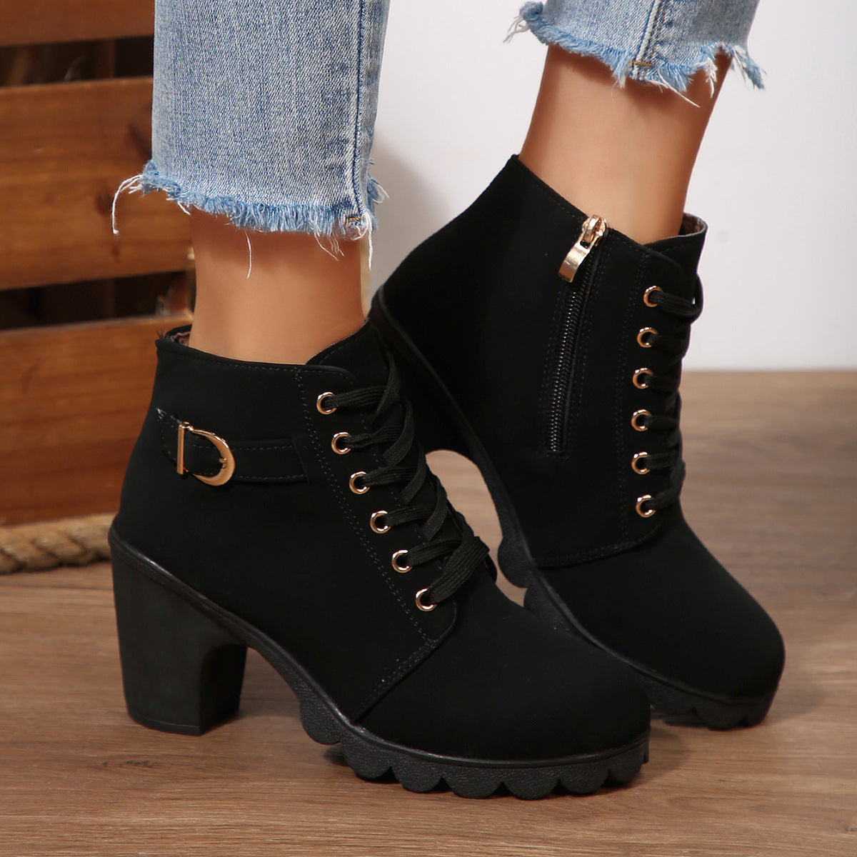 Fiorelle Women's Buckle Decorated Chunky Heel Ankle Boots - Side Zipper & Lace-Up Round Toe Mid-Calf Equestrian Boots (US 4-10)