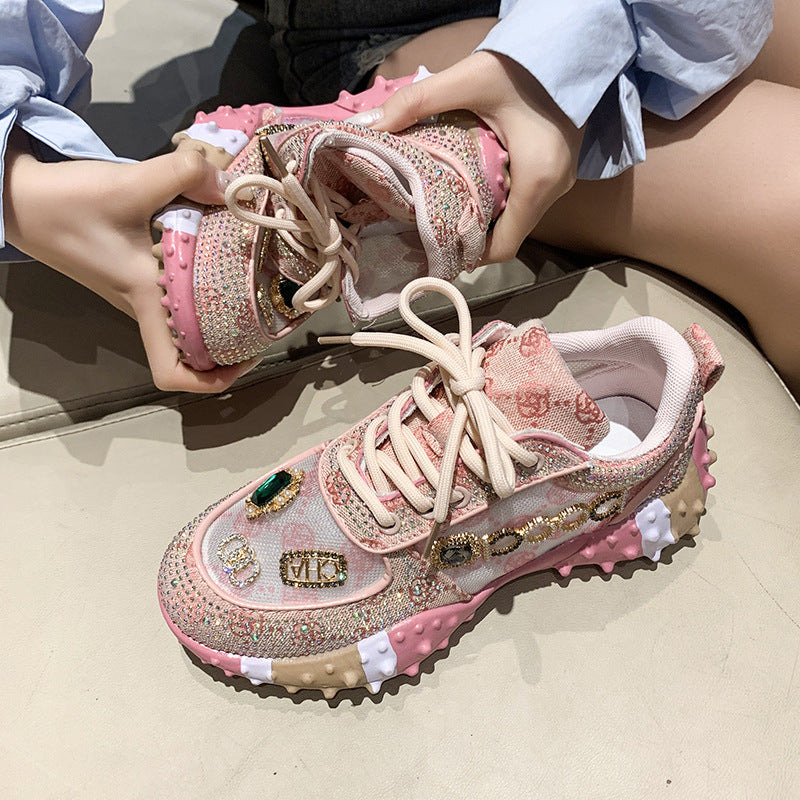 Fiorelle Women’s Lumira Embroidered Letter Mesh Platform Sneakers – Rhinestone Detail Chunky Sole Light Luxury Fashion Sneakers (US 4–10.5)