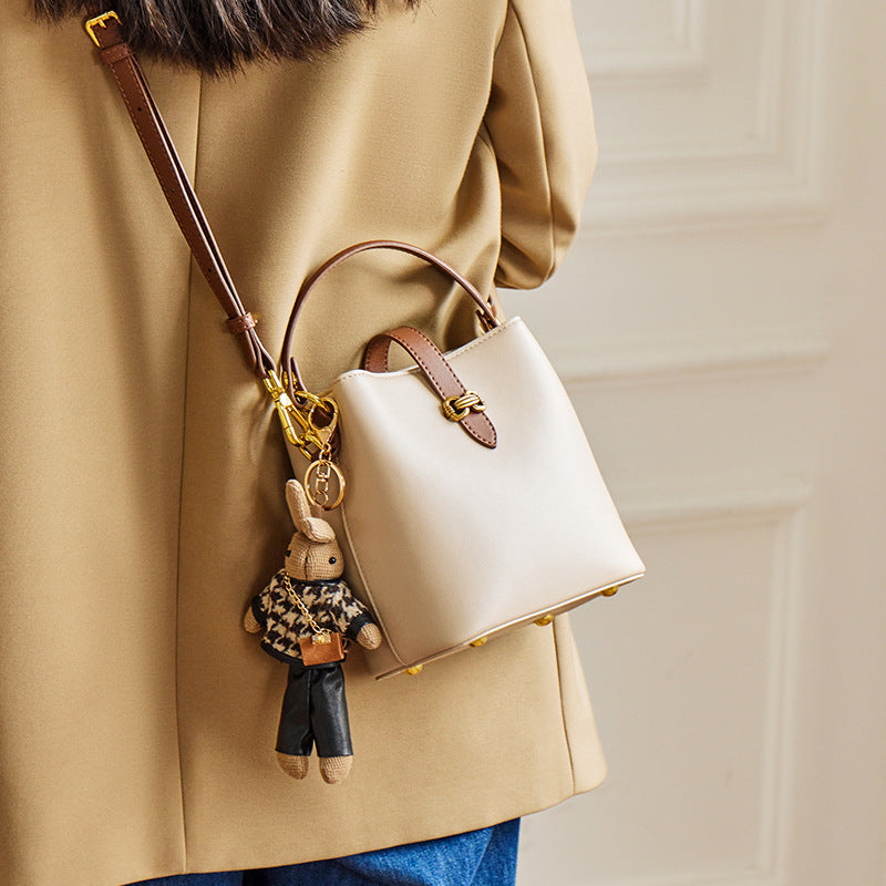 Fiorelle Women’s Bunny Charm Bucket Satchel — Cowhide Leather Convertible with Sculptural Clasp & Signature Whimsy