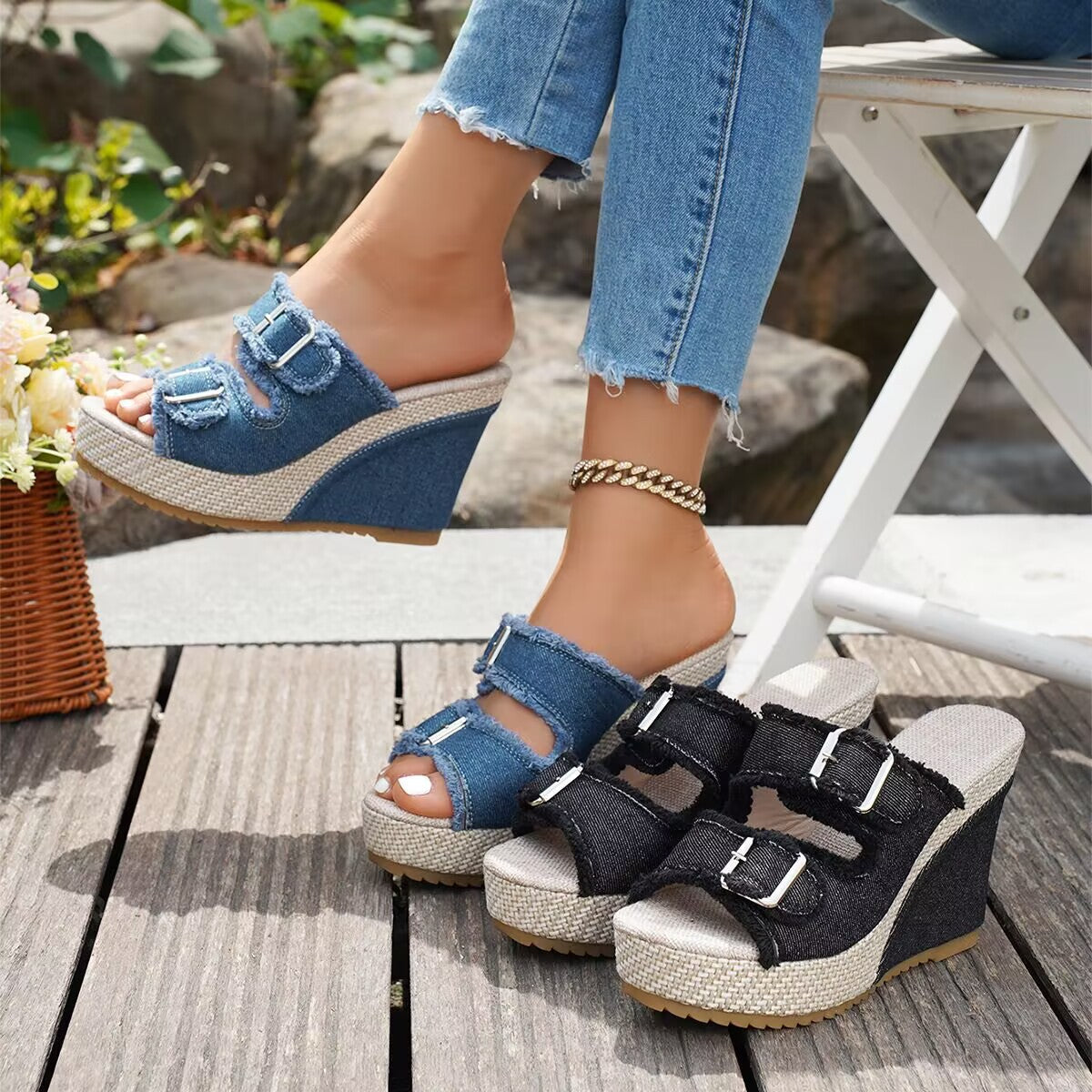 Fiorelle Women’s Denira Denim Peep-Toe Wedge Slide Sandals – Buckle Strap Platform Chic Summer Slides (US 5–10.5)