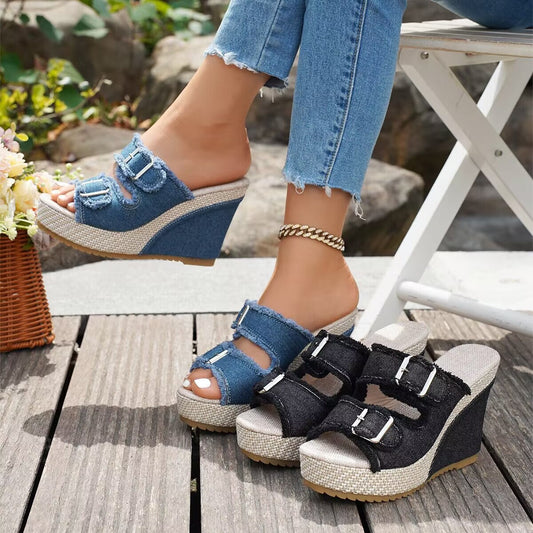 Fiorelle Women’s Denira Denim Peep-Toe Wedge Slide Sandals – Buckle Strap Platform Chic Summer Slides (US 5–10.5)
