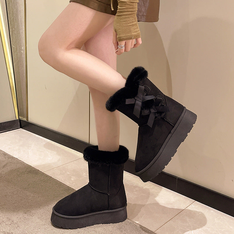 Fiorelle Women's Bow-Knit Cozy Winter Boots - Shearling Lined Chunky Platform Snow Boots (US 5-9.5)