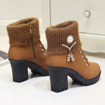 Fiorelle Women's Glam Knit-Cuff Boots - Rhinestone Decor Side Zip Block Heel Dress Boots (US 5-10)