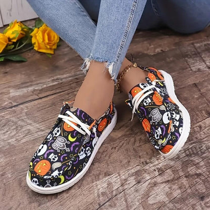 Fiorelle Women‘s Spooky Chic Canvas Sneakers - Halloween Pumpkin Skeleton Print Casual Shoes- US(5-9)