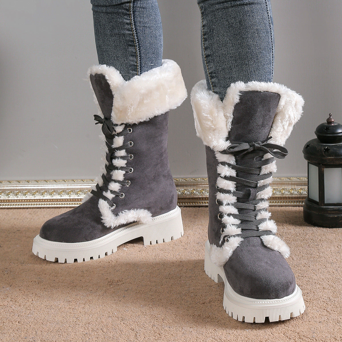 Fiorelle Winter New Women's Velvet Mid-Tube Cotton Boots with Thickened Lining and Height-Enhancing Design