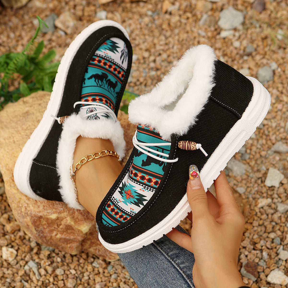 Fiorelle Women's Folklore Plush Flat Boots - Ethnic Print Lace-Up Winter Snow Shoes with Cozy Fleece Lining- US(5-10.5)