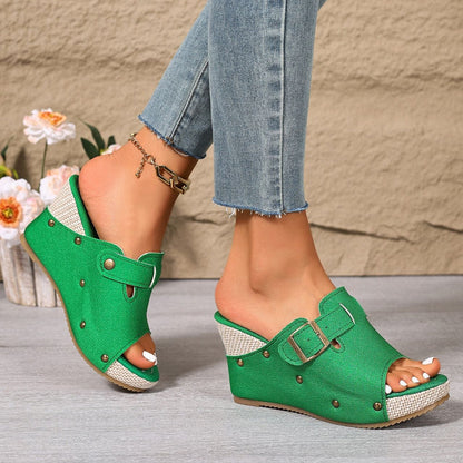 Fiorelle Women’s Sable Rivet Velcro Platform Wedge Sandals – Chunky Studded Slides with Adjustable Strap (US 4–10.5)