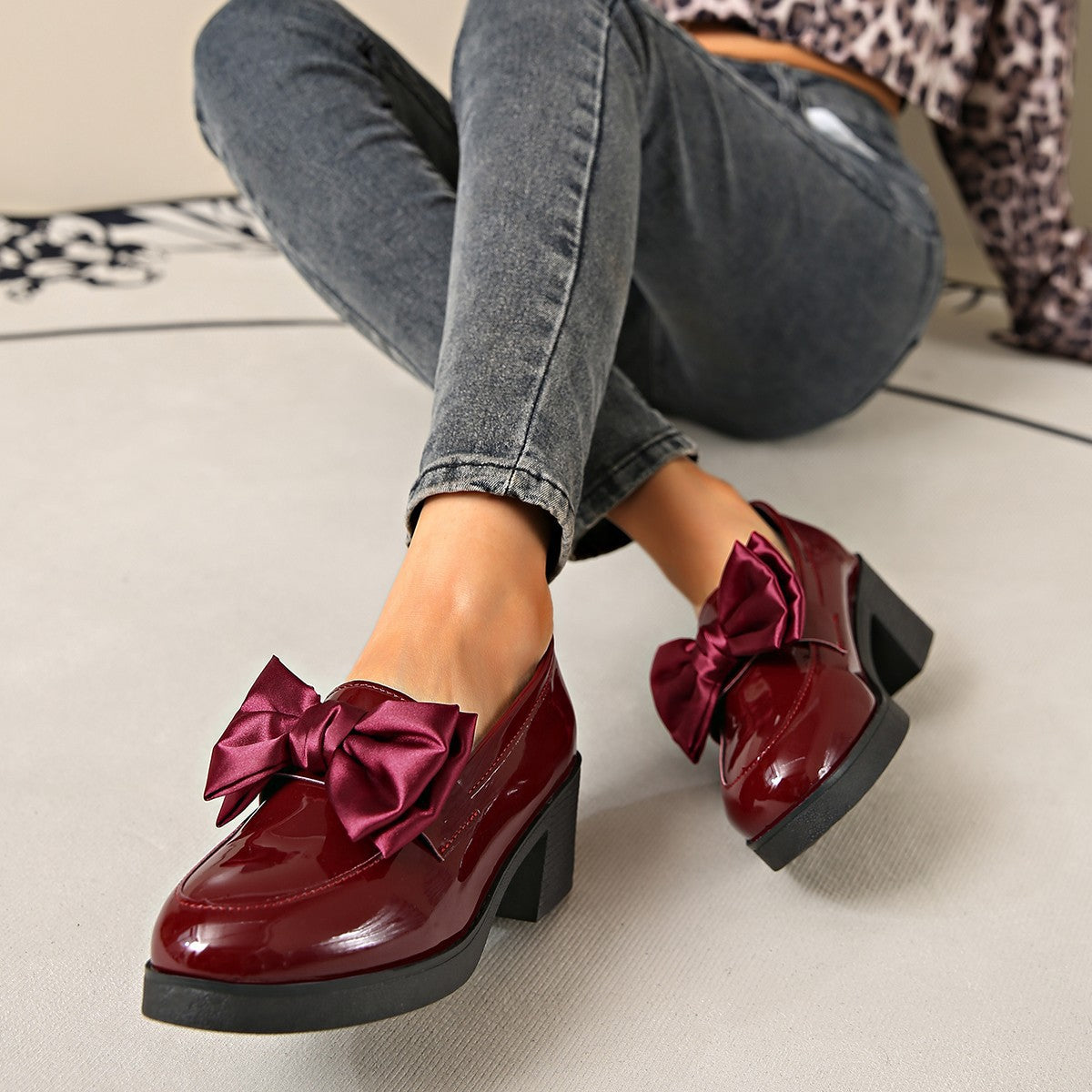 Fiorelle Women's Plus Size Bowknot Leather Shoes with Chunky Heel Platform