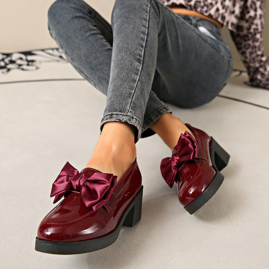 Fiorelle Women's Plus Size Bowknot Leather Shoes with Chunky Heel Platform