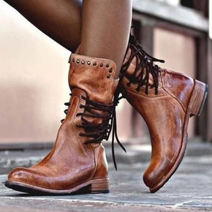 Fiorelle Women's Rivet Roma Boots - Side Lace Chunky Heel Mid Calf Boots (US 4-10.5)