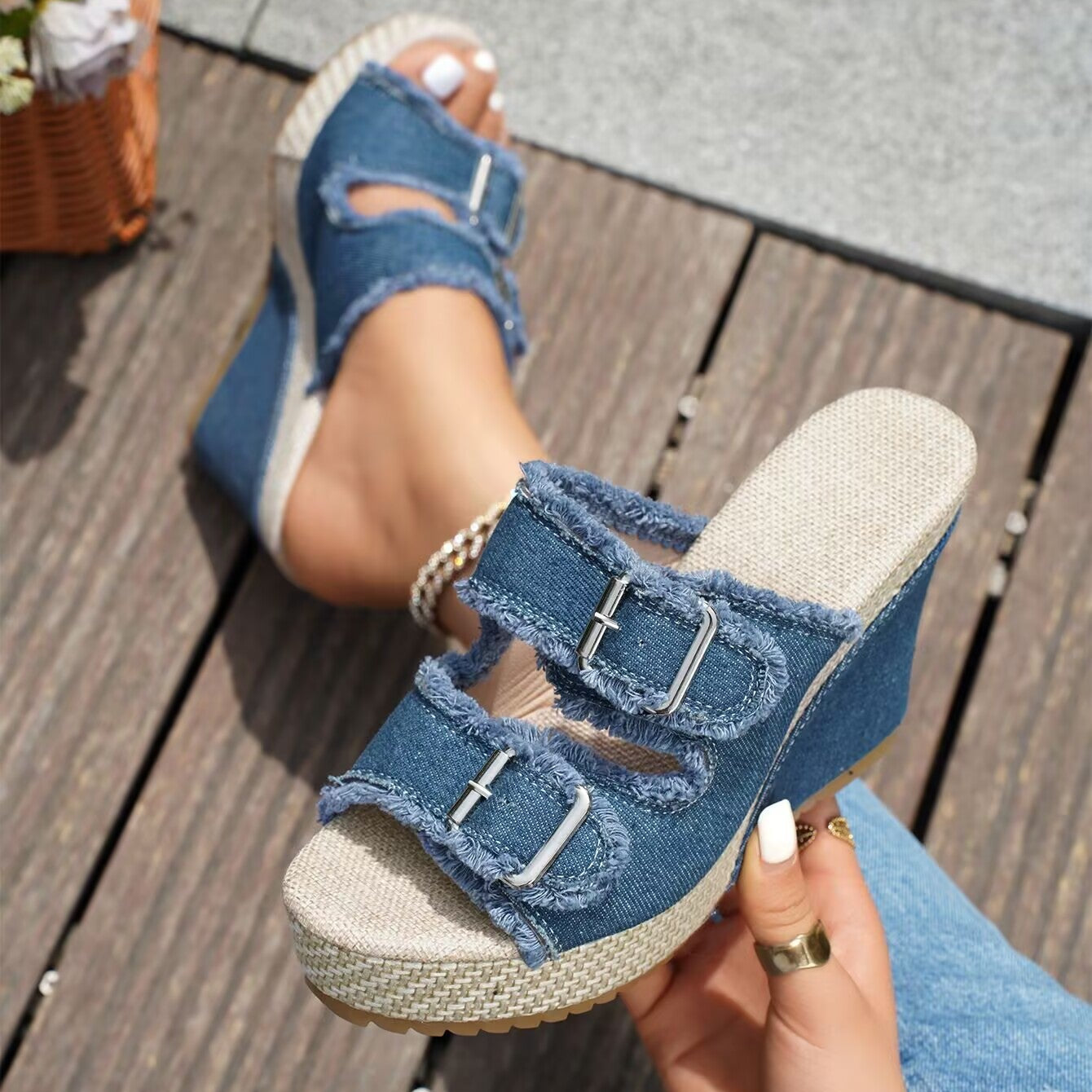 Fiorelle Women’s Denira Denim Peep-Toe Wedge Slide Sandals – Buckle Strap Platform Chic Summer Slides (US 5–10.5)