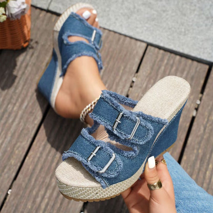 Fiorelle Women’s Denira Denim Peep-Toe Wedge Slide Sandals – Buckle Strap Platform Chic Summer Slides (US 5–10.5)