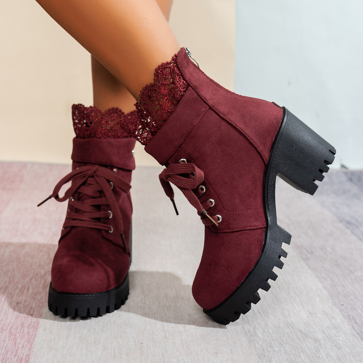 Fiorelle Women's Lace & Suede Heeled Boots - Chunky Heel Round Toe Vintage Ankle Boots (US 5-10.5)