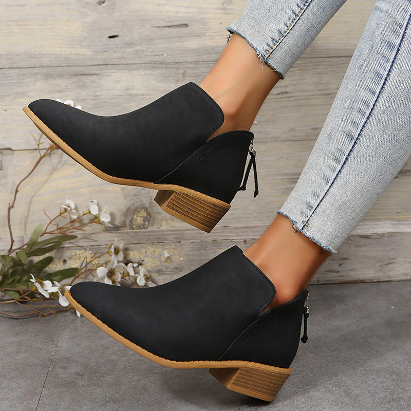 Fiorelle Plus Size Women's British-Inspired Solid-Color Pointed Toe Casual Fashion Boots with Rear Zipper & Low Chunky Hee