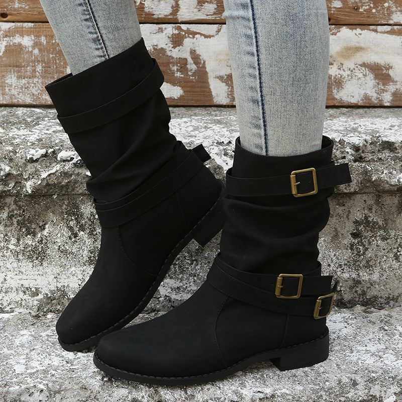 Fiorelle Women's Matte PU Buckle-Detailed Slouch Boots - Crushed Texture Stacked Mid-Calf Flat Boots (US 5-10.5)