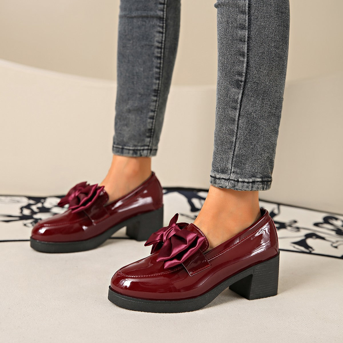 Fiorelle Women's Plus Size Bowknot Leather Shoes with Chunky Heel Platform