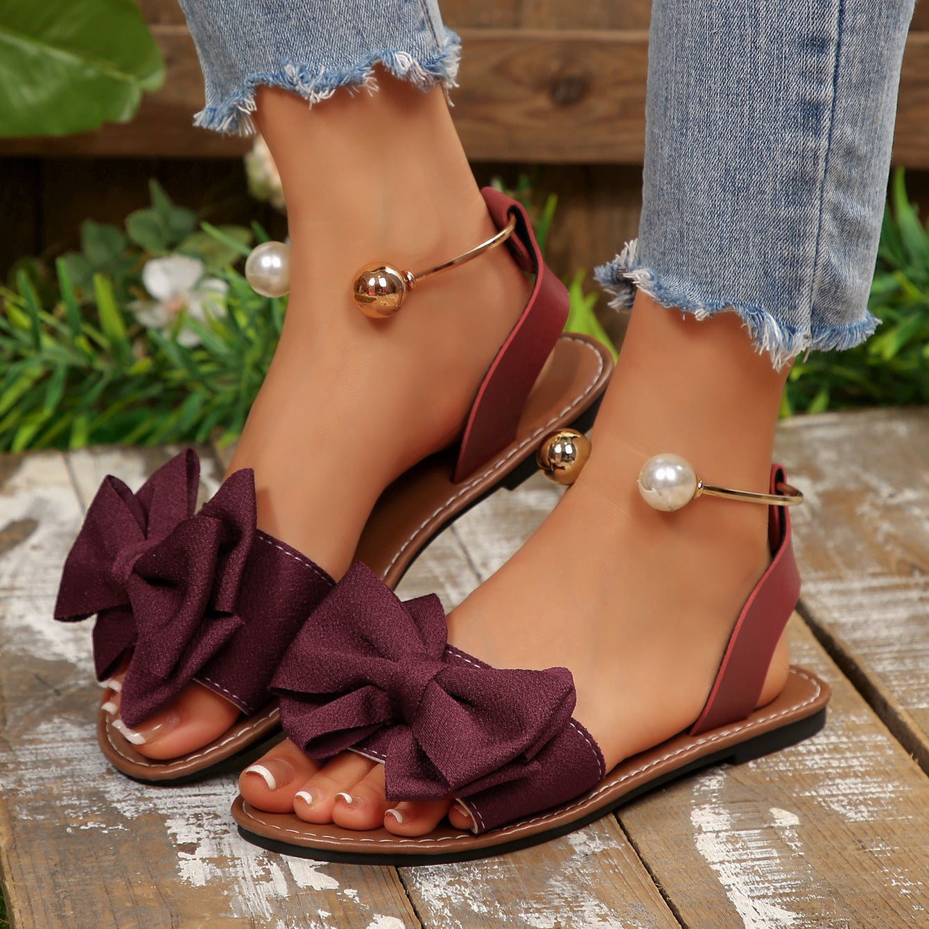 Fiorelle Women’s Serelle Pearl Bow Flat Slides – Minimalist Ankle Strap Casual Sandals (US 5–10.5)