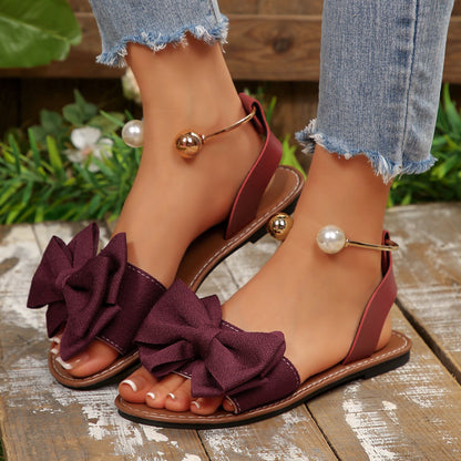 Fiorelle Women’s Serelle Pearl Bow Flat Slides – Minimalist Ankle Strap Casual Sandals (US 5–10.5)