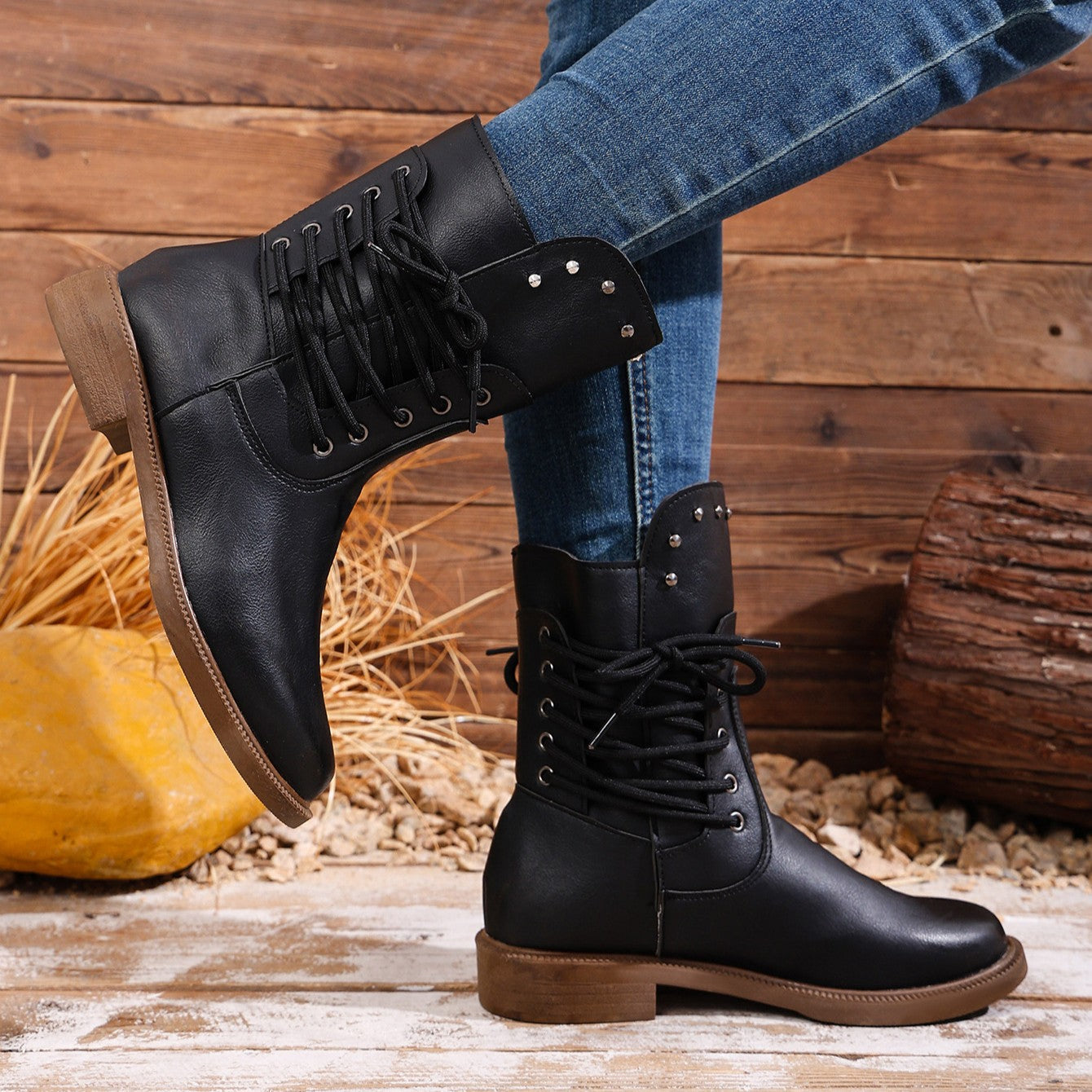 Fiorelle Women's Rivet Roma Boots - Side Lace Chunky Heel Mid Calf Boots (US 4-10.5)