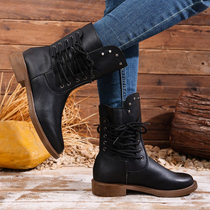 Fiorelle Women's Rivet Roma Boots - Side Lace Chunky Heel Mid Calf Boots (US 4-10.5)